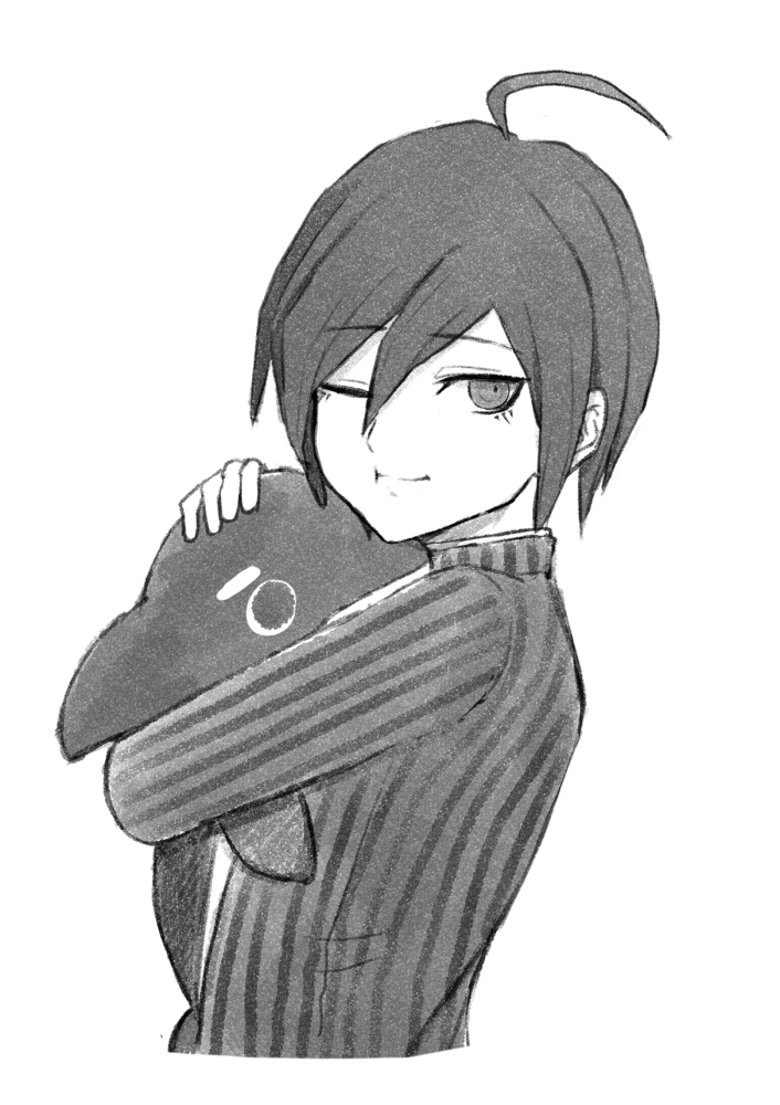 1boy, ahoge, bangs, cropped_torso, danganronpa_(series), danganronpa_v3:_killing_harmony, doll_hug, from_side