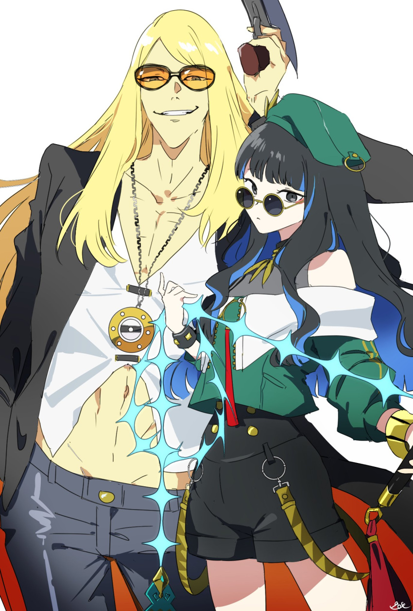 bare_shoulders, beret, blonde_hair, brother_and_sister, denim, denim_shorts, fate/grand_order, fate_(series)