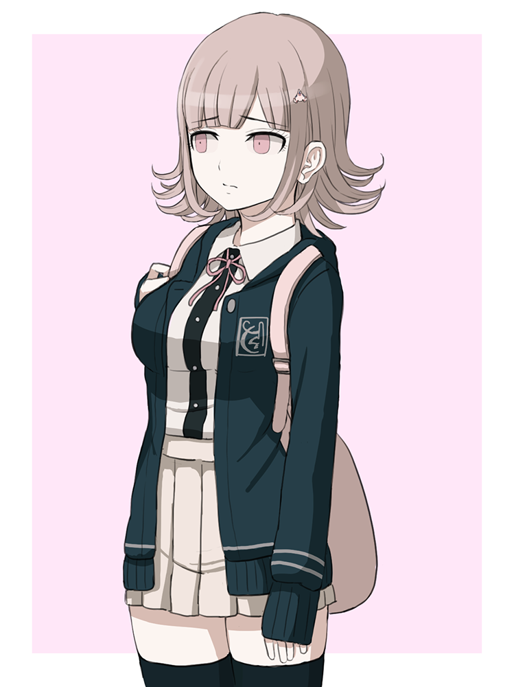 1girl, backpack, bag, bangs, black_jacket, black_shirt, black_thighhighs, border, brown_hair, cowboy_shot, danganronpa_(series), danganronpa_2:_goodbye_despair, dress_shirt, galaga, grey_background, hair_ornament, jacket, long_skirt, medium_hair, miniskirt, nanami_chiaki, neck_ribbon, open_clothes, open_jacket, pink_bag, pink_eyes, pink_ribbon, pleated_skirt, ribbon, shirt, shirt_tucked_in, sizeaton, skirt, solo, standing, thigh-highs, unamused, white_border, zettai_ryouiki