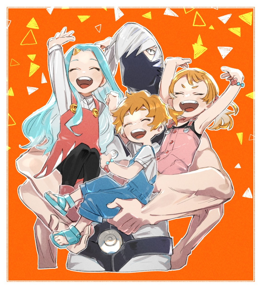 2boys, 2girls, \o/, ^_^, ^o^, arm_behind_back, arm_up, arms_up