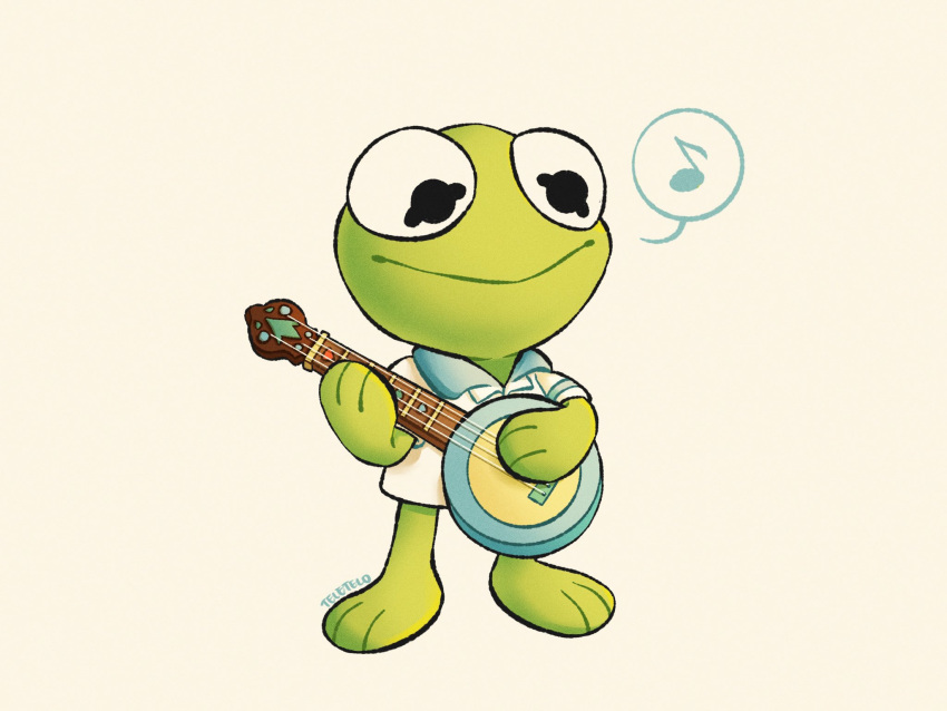 1boy, artist_name, collared_shirt, colored_skin, frog_boy, full_body, green_skin, guitar, highres, holding, holding_instrument, horizontal_pupils, instrument, kermit_the_frog, muppets, music, musical_note, official_alternate_costume, playing_instrument, shirt, short_sleeves, simple_background, smile, solo, spoken_musical_note, standing, teletelo