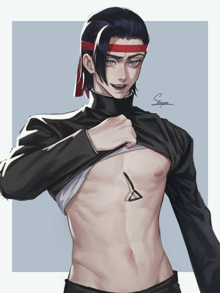 1boy, artist_name, black_hair, chainsaw_man, clothes_lift, gakuran, headband, highres