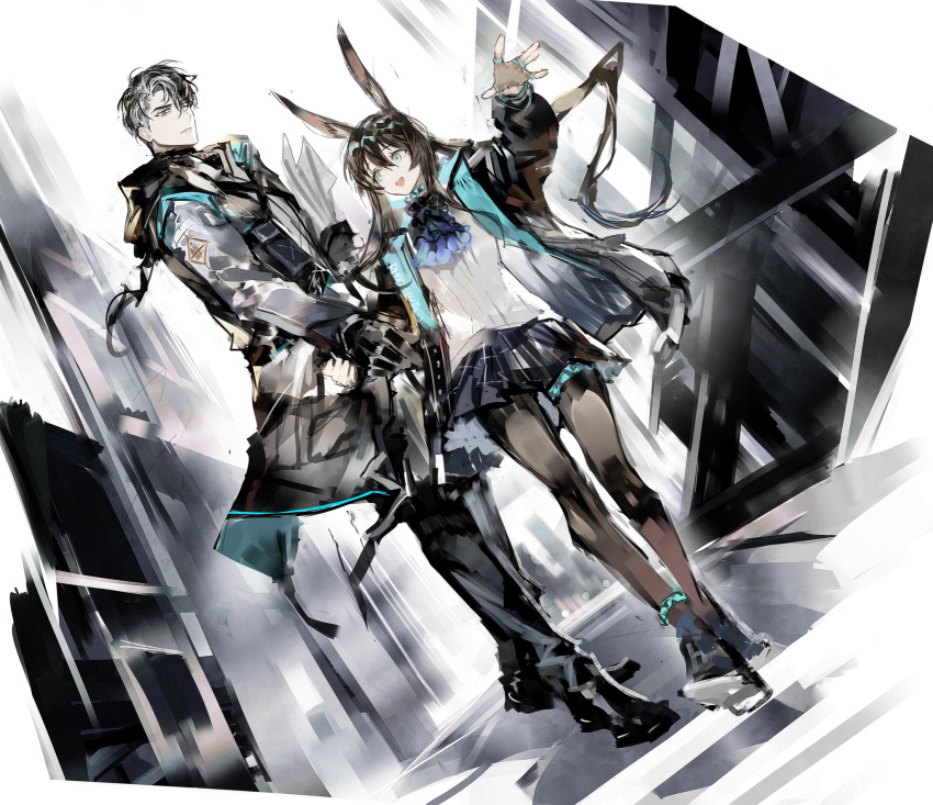 1boy, 1girl, :d, amiya_(arknights), animal_ears, anklet, arknights, arm_up
