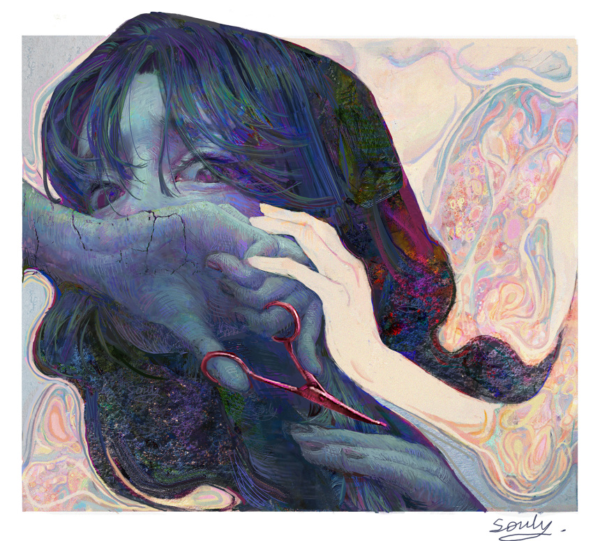 2girls, artist_name, bangs, border, commentary, covered_mouth, cracked_skin, cutting_hair