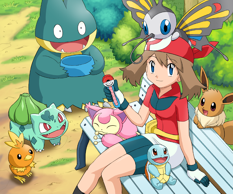 beautifly, bulbasaur, eevee, haruka_(pokemon), munchlax, nintendo, pokemon, skitty, soara, squirtle, torchic