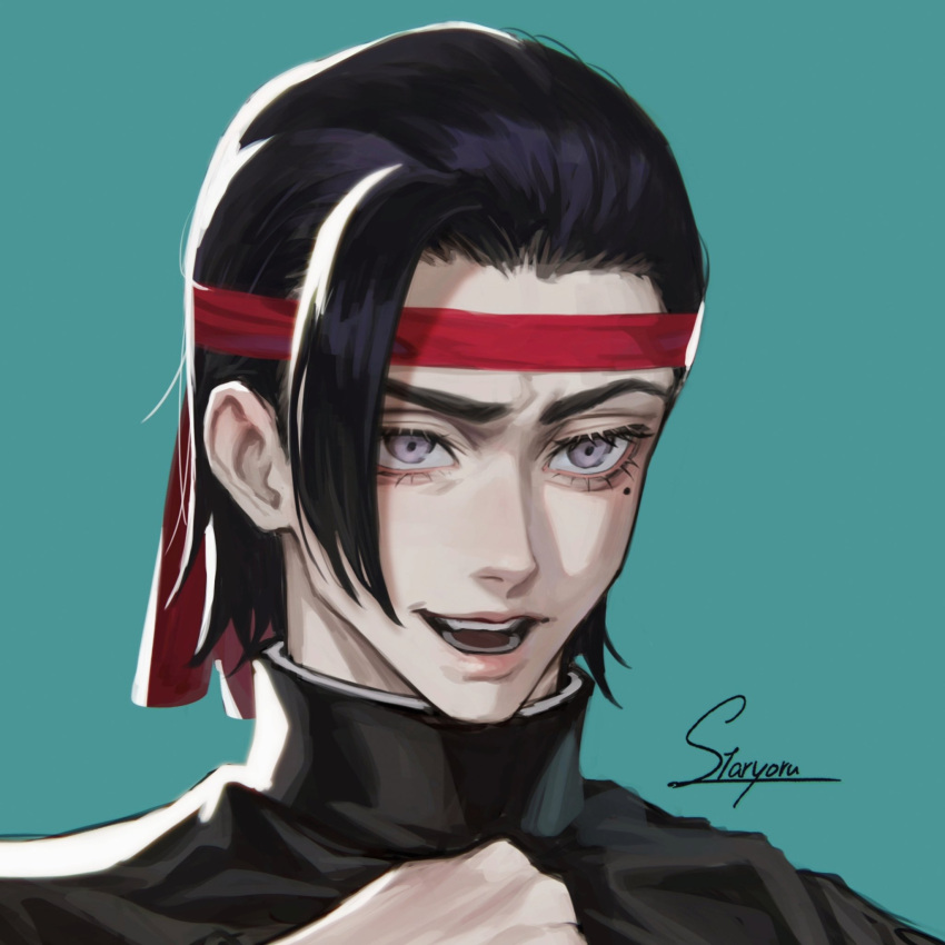 1boy, artist_name, black_hair, blue_background, chainsaw_man, gakuran, headband, highres