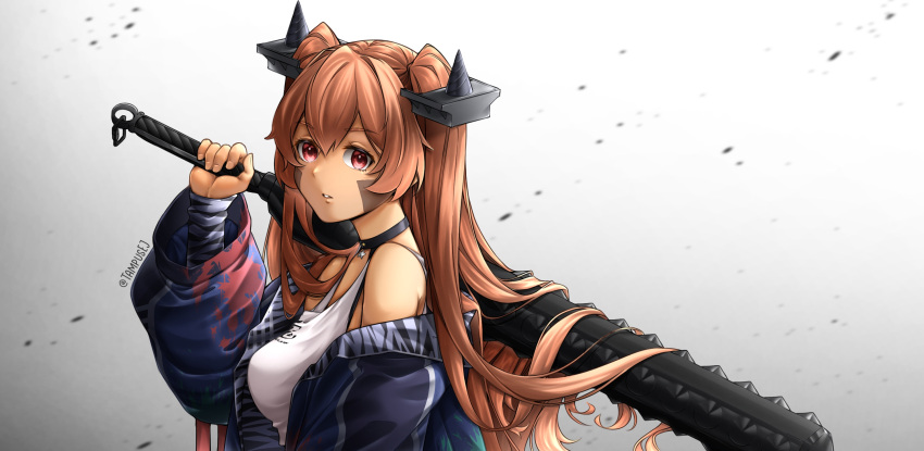 1girl, blue_jacket, breasts, brown_hair, club_(weapon), fake_horns, highres, holding_club