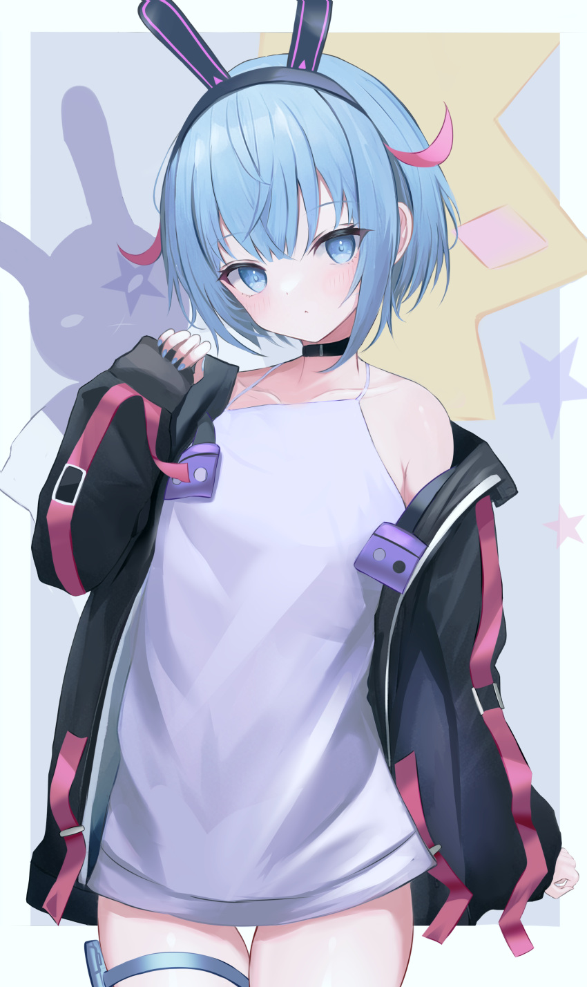 absurdres, animal_costume, animal_ears, blue_eyes, blue_hair, choker, clenched_hand, cygames