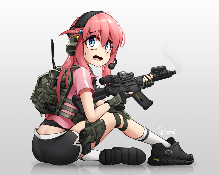 absurdres, ar-15, backpack, bag, blue_eyes, bocchi_the_rock!, fingerless_gloves, gloves