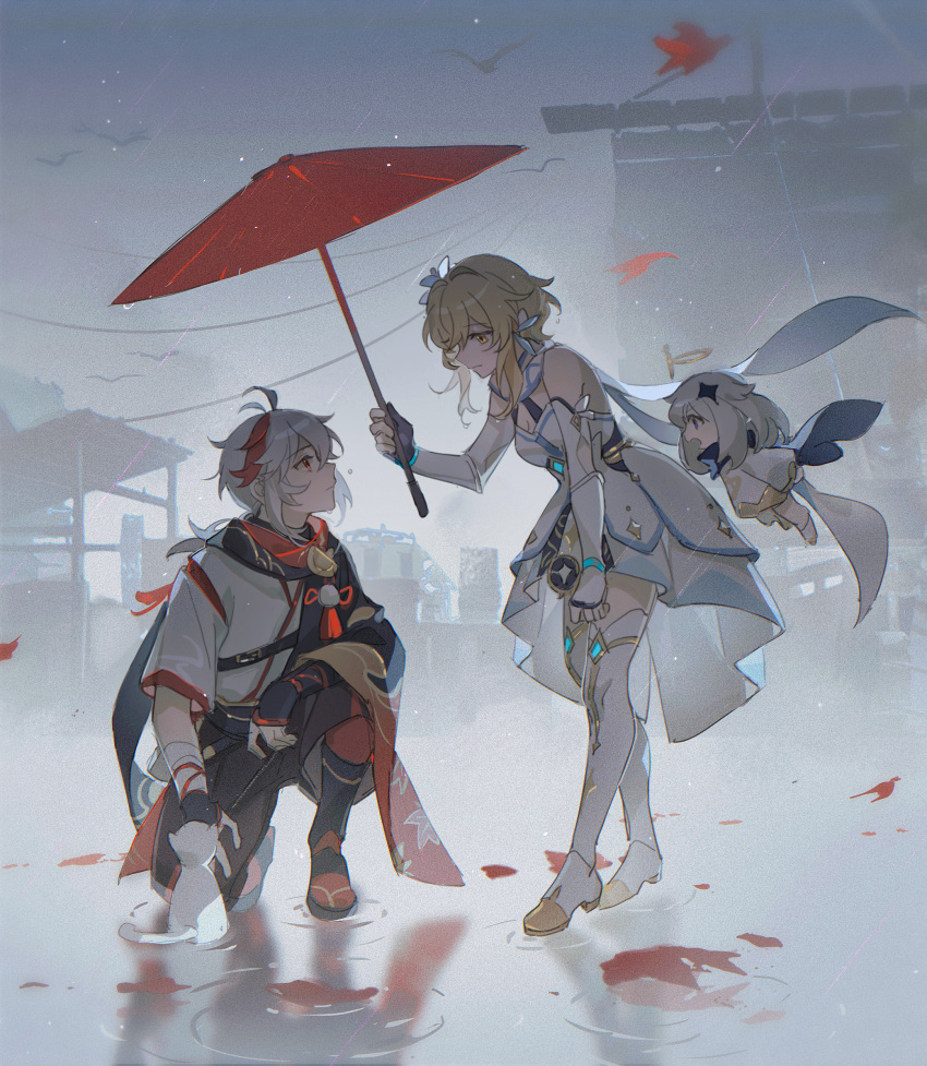 1boy, 2girls, antenna_hair, bandaged_arm, bandaged_hand, bandages, bangs, bird, black_cape, black_gloves, black_scarf, blonde_hair, boots, cape, cat, chinese_commentary, closed_mouth, clouds, cloudy_sky, commentary_request, detached_sleeves, dress, feather_hair_ornament, feathers, flower, flying, full_body, genshin_impact, gloves, gold_trim, hair_between_eyes, hair_flower, hair_ornament, hakama, hakama_shorts, halo, hand_up, haori, highres, holding, holding_umbrella, jacket, japanese_clothes, kaedehara_kazuha, kimono, leaf_print, leaning_forward, long_sleeves, looking_at_another, looking_up, low_ponytail, lumine_(genshin_impact), maple_leaf_print, medium_hair, menglin393, multicolored_hair, multiple_girls, oil-paper_umbrella, one_knee, outdoors, overcast, paimon_(genshin_impact), pantyhose, partially_fingerless_gloves, pom_pom_(clothes), ponytail, profile, rain, red_eyes, red_pantyhose, red_scarf, red_umbrella, redhead, sandals, scarf, short_hair, short_hair_with_long_locks, short_sleeves, shorts, sidelocks, sky, sleeveless, sleeveless_dress, standing, streaked_hair, tassel, thigh_boots, umbrella, vambraces, water, white_cape, white_cat, white_dress, white_flower, white_footwear, white_hair, white_kimono, wide_sleeves, yellow_eyes