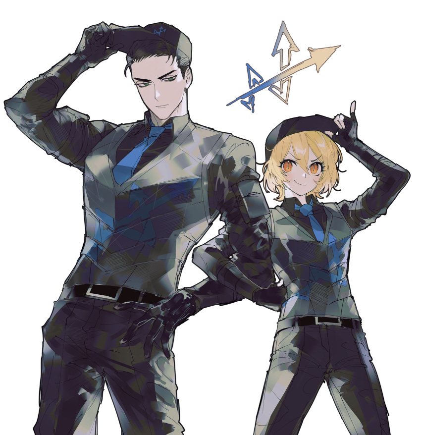 1boy, 1girl, adjusting_clothes, adjusting_headwear, arm_up, baseball_cap, belt, black_belt, black_eyes, black_gloves, black_hair, black_headwear, black_pants, black_shirt, black_vest, blonde_hair, don_quixote_(limbus_company), fingerless_gloves, gloves, hand_on_hip, hat, highres, limbus_company, locked_arms, long_sleeves, meursault, pants, project_moon, remsrar, shirt, short_hair, simple_background, vest, white_background, yellow_eyes