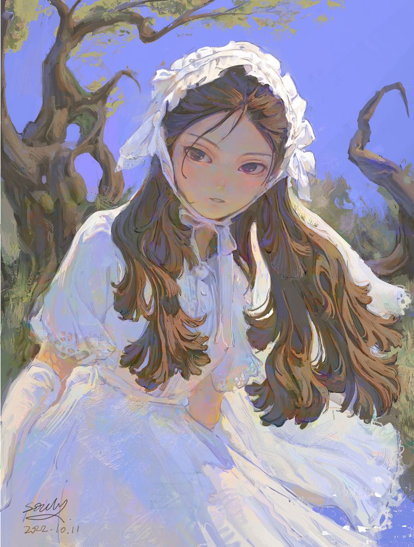 1girl, artist_name, blue_sky, bonnet, brown_eyes, brown_hair, commentary, cowboy_shot
