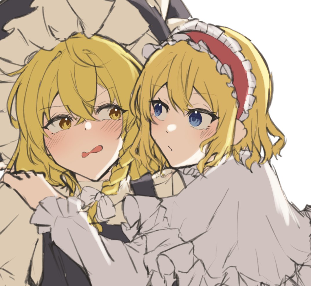 2girls, alice_margatroid, bangs, black_dress, black_headwear, blonde_hair, blue_eyes, blush