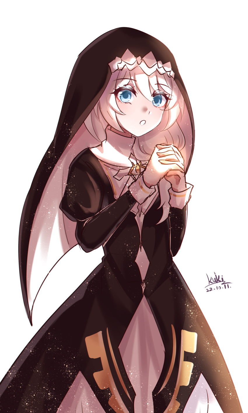 1girl, :o, absurdres, bangs, black_dress, blue_eyes, cutescookie, dress
