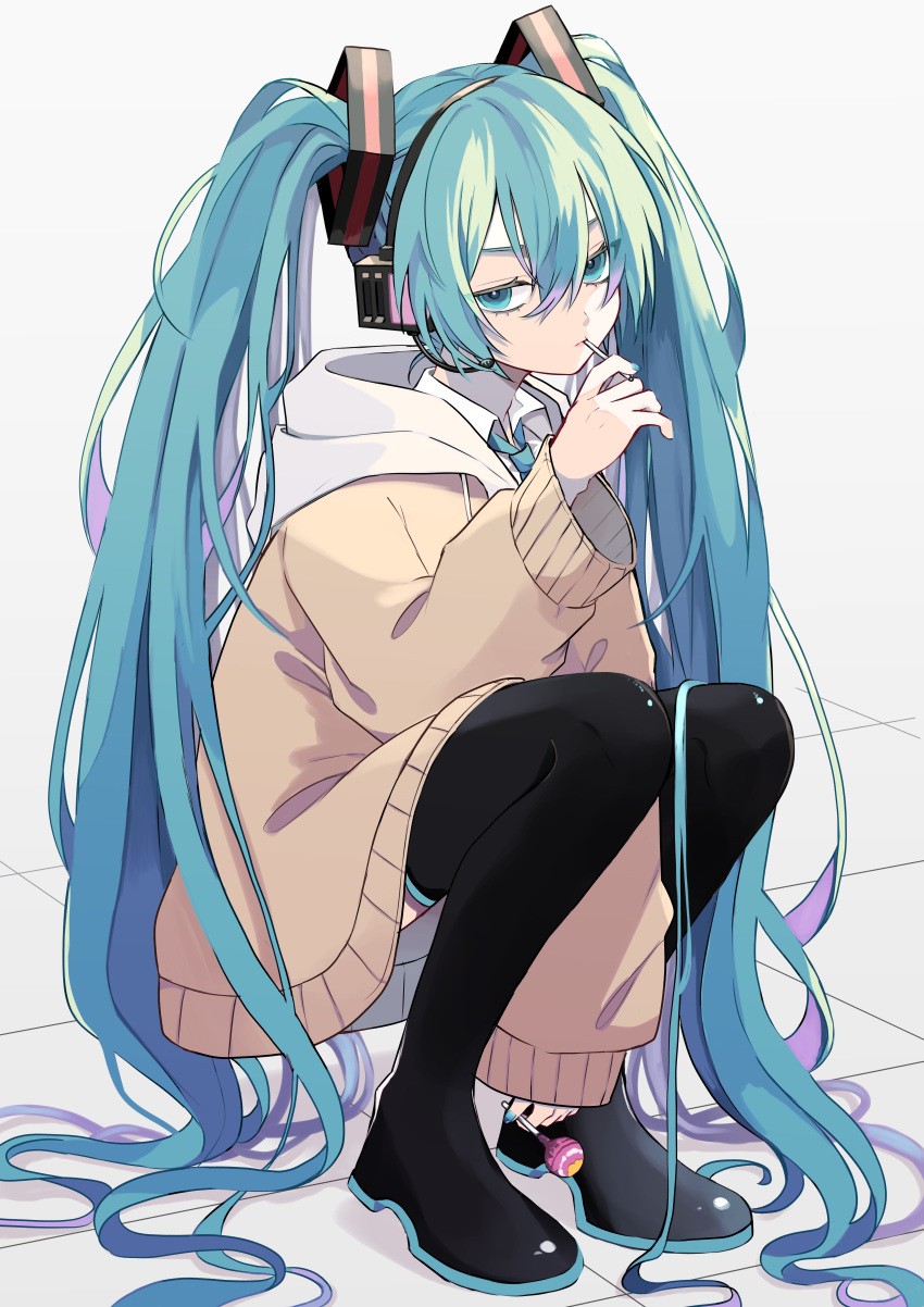 1girl, absurdly_long_hair, absurdres, aqua_hair, aqua_nails, aqua_necktie, bangs, black_footwear
