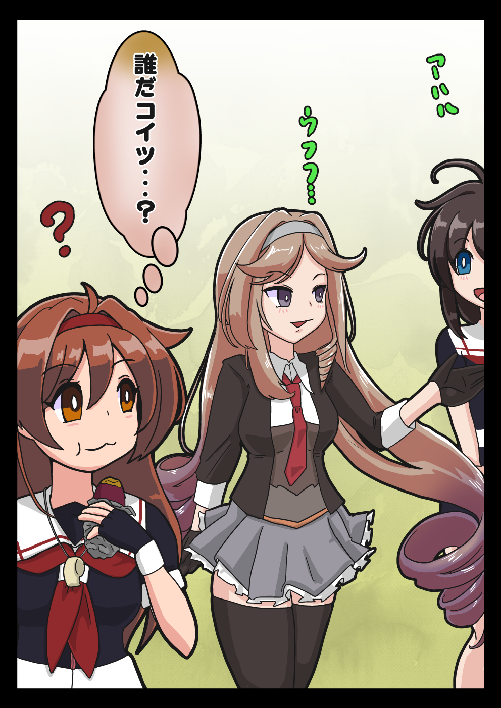 3girls, ahoge, black_gloves, black_hair, black_serafuku, black_shirt, black_thighhighs, brown_eyes