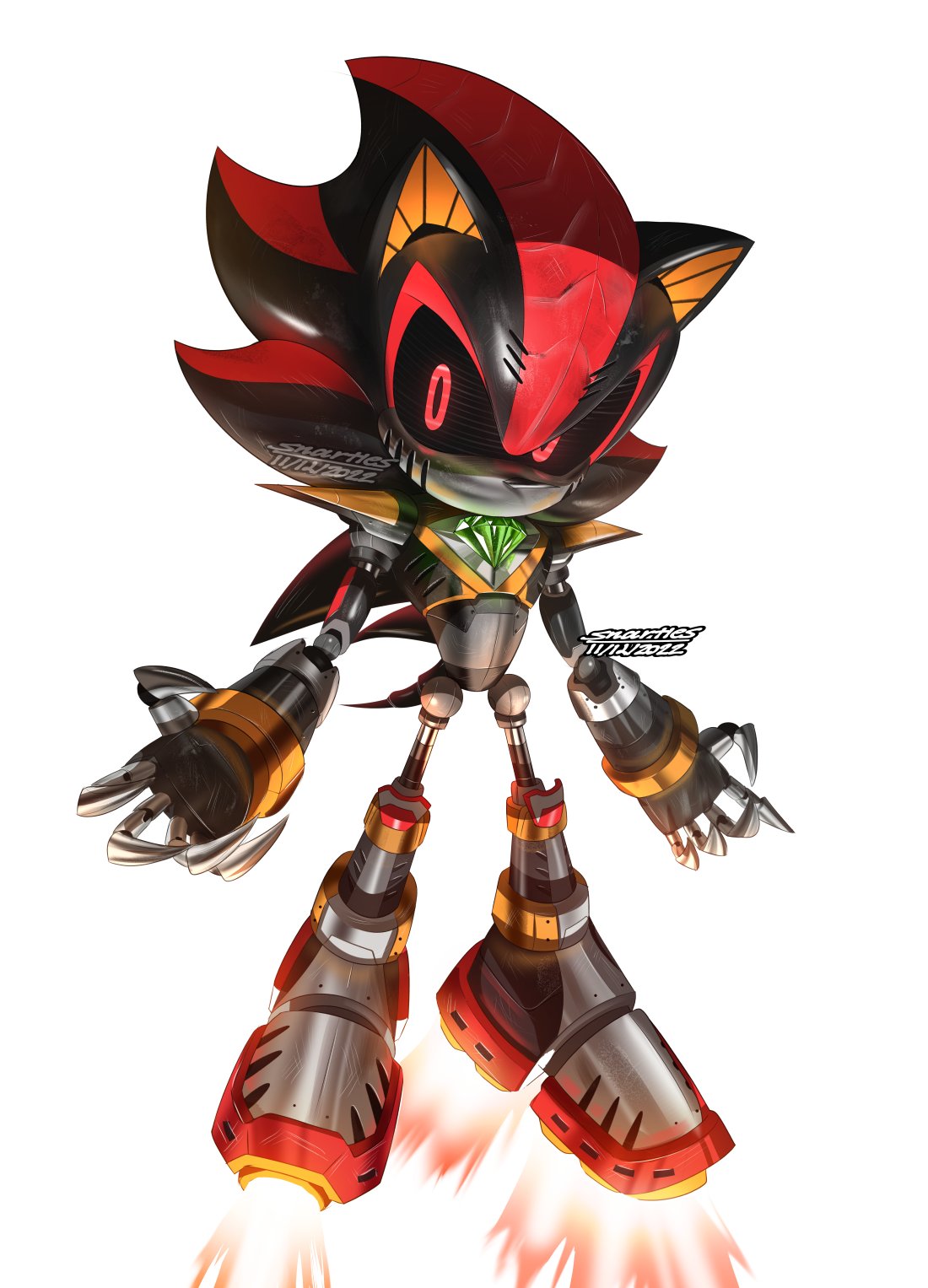1boy, claws, commentary, highres, looking_at_viewer, mecha, mechanization, metal_shadow