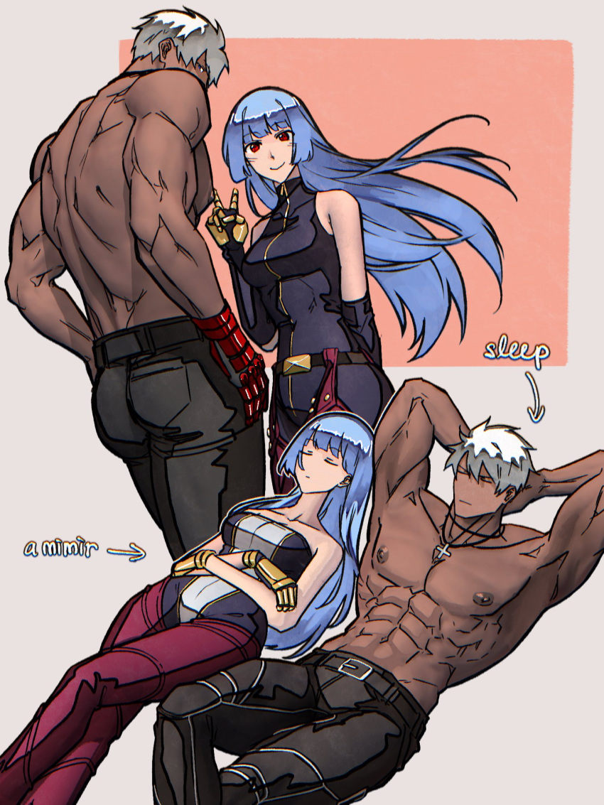 1boy, 1girl, abs, asymmetrical_gloves, bare_shoulders, black_pants, blue_eyes, blue_hair