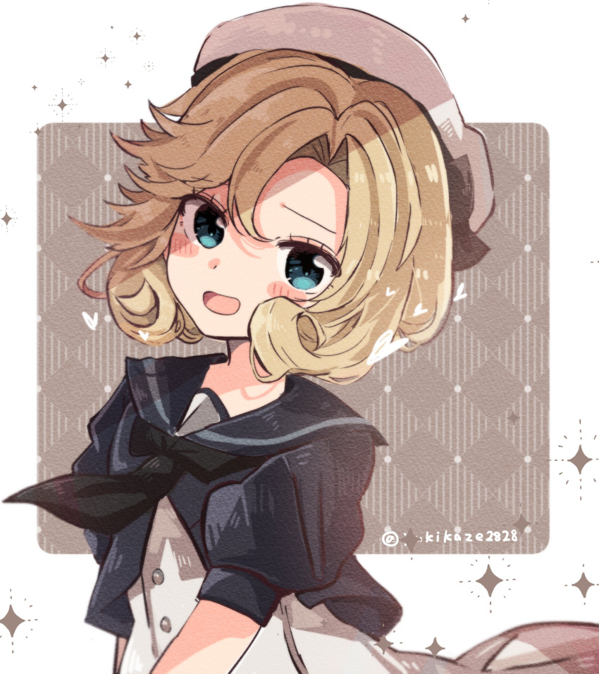 1girl, bangs, black_jacket, black_sailor_collar, blonde_hair, blue_eyes, blush_stickers, cropped_jacket