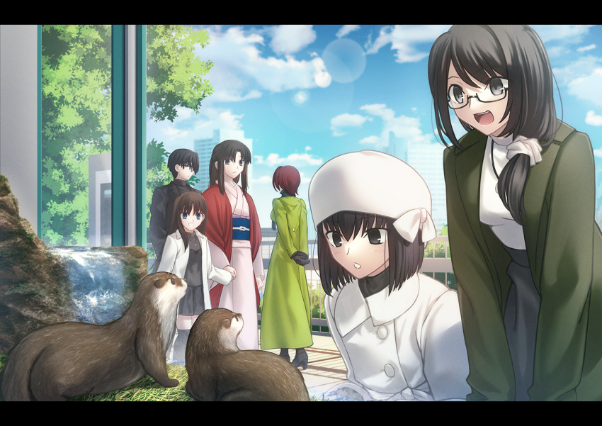 1boy, 5girls, animal, aozaki_touko, bangs, black_dress, black_footwear, black_gloves