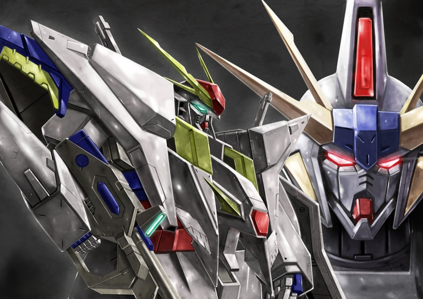 asaba_naoto, from_side, glowing, glowing_eyes, green_eyes, grey_background, gun, gundam, gundam_hathaway's_flash, holding, holding_gun, holding_weapon, looking_ahead, looking_at_viewer, mecha, no_humans, penelope_(hathaway's_flash), red_eyes, robot, science_fiction, v-fin, weapon, xi_gundam