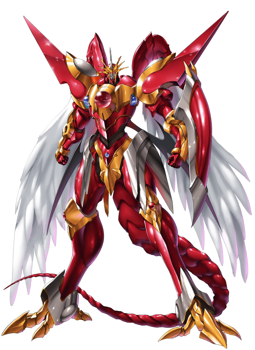 clenched_hands, combined_rayearth, full_body, glowing, glowing_eyes, head_tilt, henshako, highres, looking_at_viewer, magic_knight_rayearth, mecha, mechanical_tail, no_humans, red_eyes, robot, solo, tail, white_background, wings