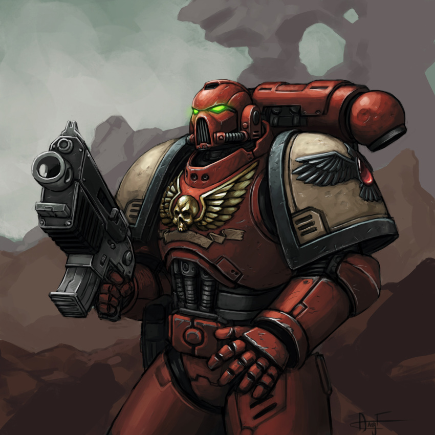 1boy, absurdres, adeptus_astartes, armor, blood_drop, blood_ravens, blue_sky, bolter