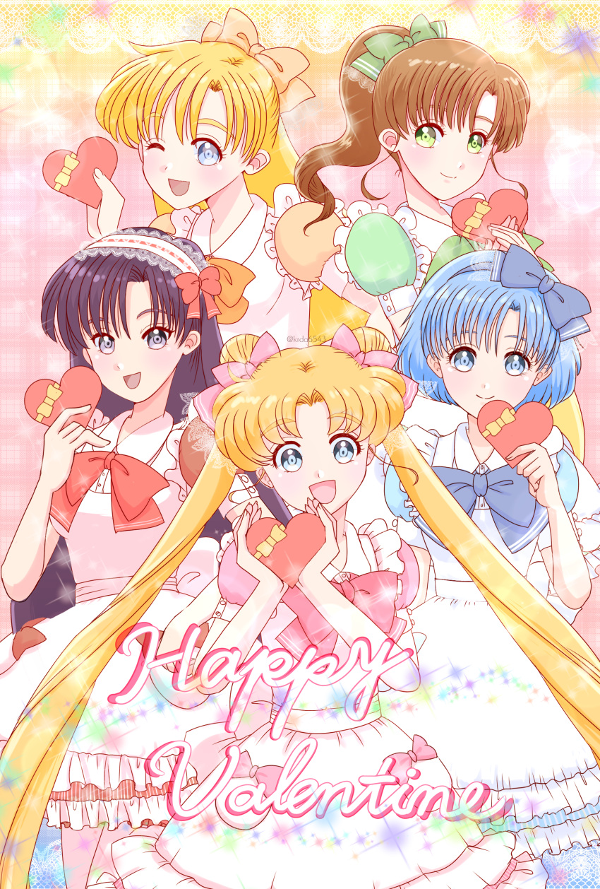 1girl, absurdres, aino_minako, alternate_costume, apron, bangs, bishoujo_senshi_sailor_moon, blonde_hair, blue_dress, blue_eyes, blue_hair, bow, box, box_of_chocolates, brown_hair, double_bun, dress, enmaided, frilled_hairband, frills, green_dress, green_eyes, hair_bow, hair_bun, hair_ornament, hairband, happy_valentine, high_heels, highres, hino_rei, kino_makoto, kuroasa24, long_hair, maid, medium_hair, mizuno_ami, one_eye_closed, orange_dress, parted_bangs, pink_background, pink_dress, ponytail, purple_hair, red_bow, red_dress, short_hair, sidelocks, smile, swept_bangs, thigh-highs, tsukino_usagi, twintails, valentine, very_long_hair, violet_eyes, white_thighhighs