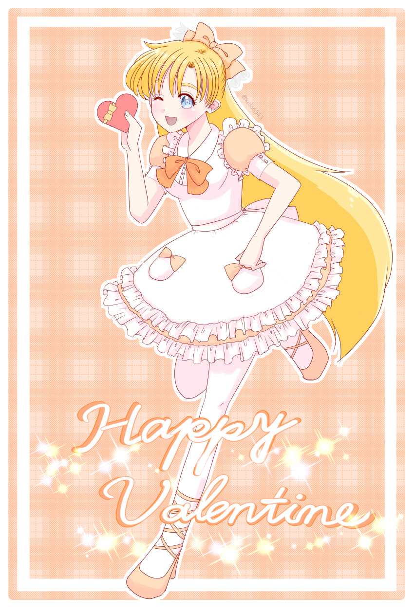 1girl, absurdres, aino_minako, alternate_costume, apron, bangs, bishoujo_senshi_sailor_moon, blonde_hair, blue_eyes, bow, box, box_of_chocolates, dress, enmaided, frilled_thighhighs, frills, hair_bow, happy_valentine, high_heels, highres, kuroasa24, long_hair, maid, one_eye_closed, orange_dress, orange_footwear, red_bow, thigh-highs, valentine, white_thighhighs