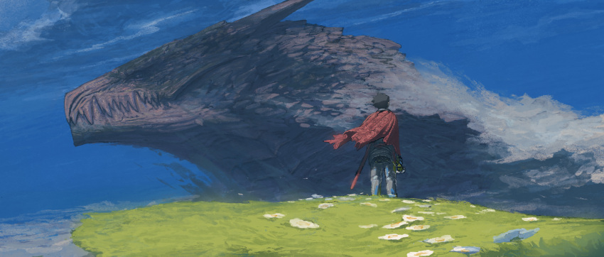 1boy, armor, black_hair, cape, clouds, commentary_request, dragon, facing_away, fantasy, flower, grass, highres, male_focus, original, red_cape, short_hair, sky, solo, standing, taiyakiki-5687, western_dragon