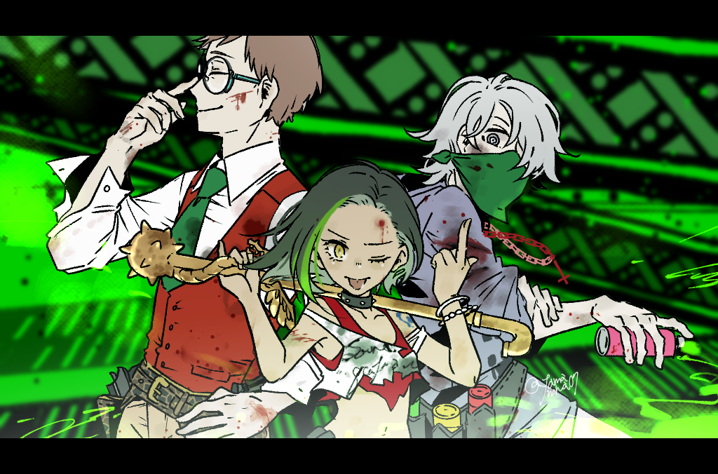 1girl, 2boys, aerosol, agatha_flattz, bandana, bandana_over_mouth, black_hair, brown_hair
