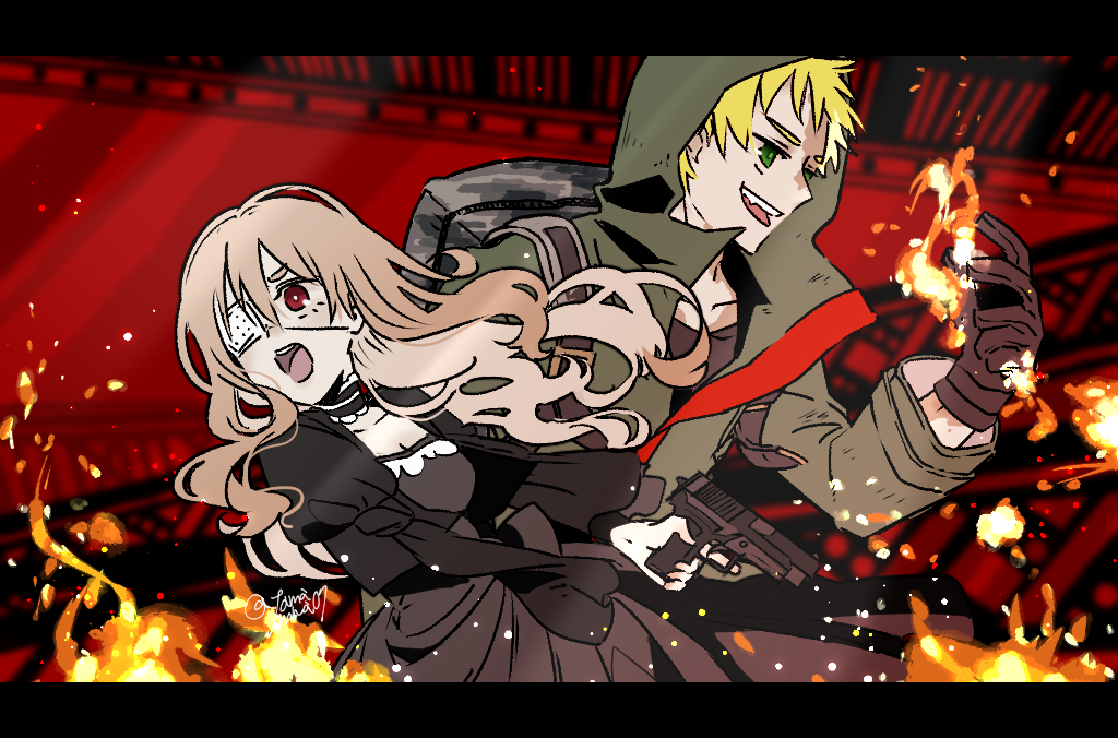1boy, 1girl, black_dress, blonde_hair, burn_scar, choker, dress, eyepatch