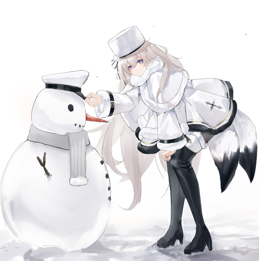 1girl, absurdres, azur_lane, blue_eyes, boots, branch, carrot, dress, fox_tail, full_body, fur-trimmed_dress, fur_trim, grey_hair, hat, heterochromia, highres, long_hair, long_sleeves, looking_at_viewer, lump_saury, murmansk_(azur_lane), scarf, simple_background, smile, snow, snowman, solo, standing, tail, violet_eyes, white_background