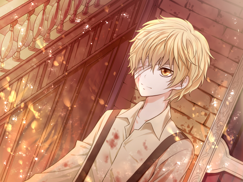 1boy, angel31424, bandage_over_one_eye, blonde_hair, blood, blood_on_clothes, blood_on_face, blood_stain