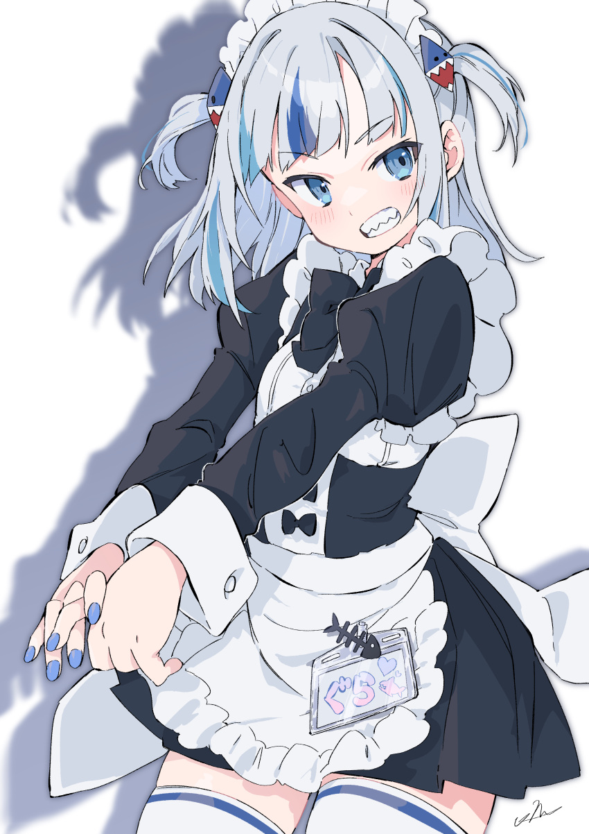 1girl, absurdres, apron, bangs, blue_eyes, blue_hair, blunt_bangs, gawr_gura