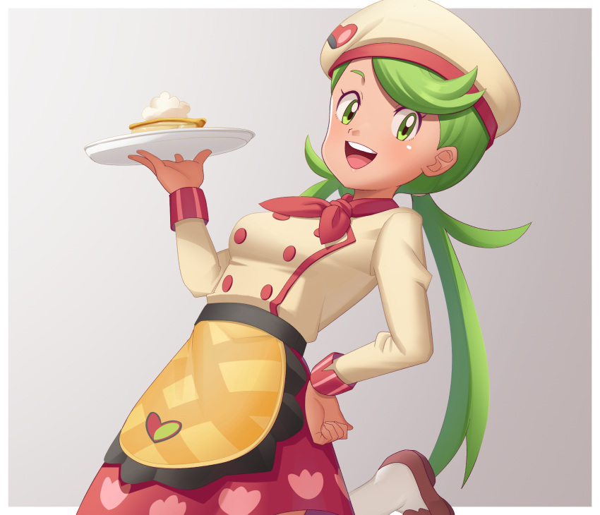 1girl, apron, bangs, border, breasts, brown_footwear, buttons, chef_hat
