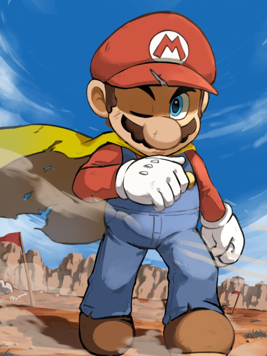 1boy, blue_eyes, blue_overalls, blue_sky, boots, brown_footwear, brown_hair, cape