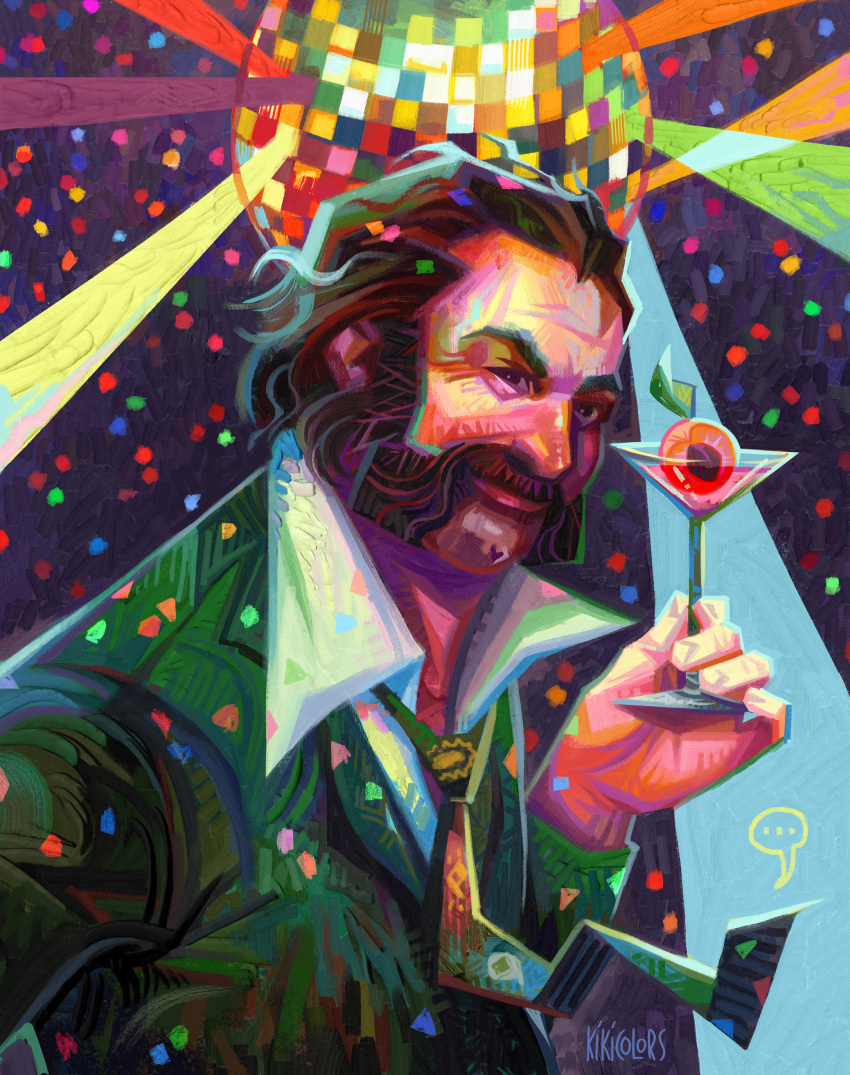 1boy, absurdres, artist_name, beard, brown_hair, cocktail_glass, confetti, cup, disco_ball, disco_elysium, drinking_glass, english_commentary, facial_hair, formal, green_suit, harry_du_bois, highres, holding, holding_cup, kikicolors, looking_at_viewer, male_focus, mutton_chops, necktie, smile, solo, suit, upper_body, yellow_necktie
