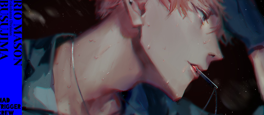 1boy, busujima_riou_mason, character_name, collared_shirt, dog_tags, facing_to_the_side, grey_eyes, grey_shirt