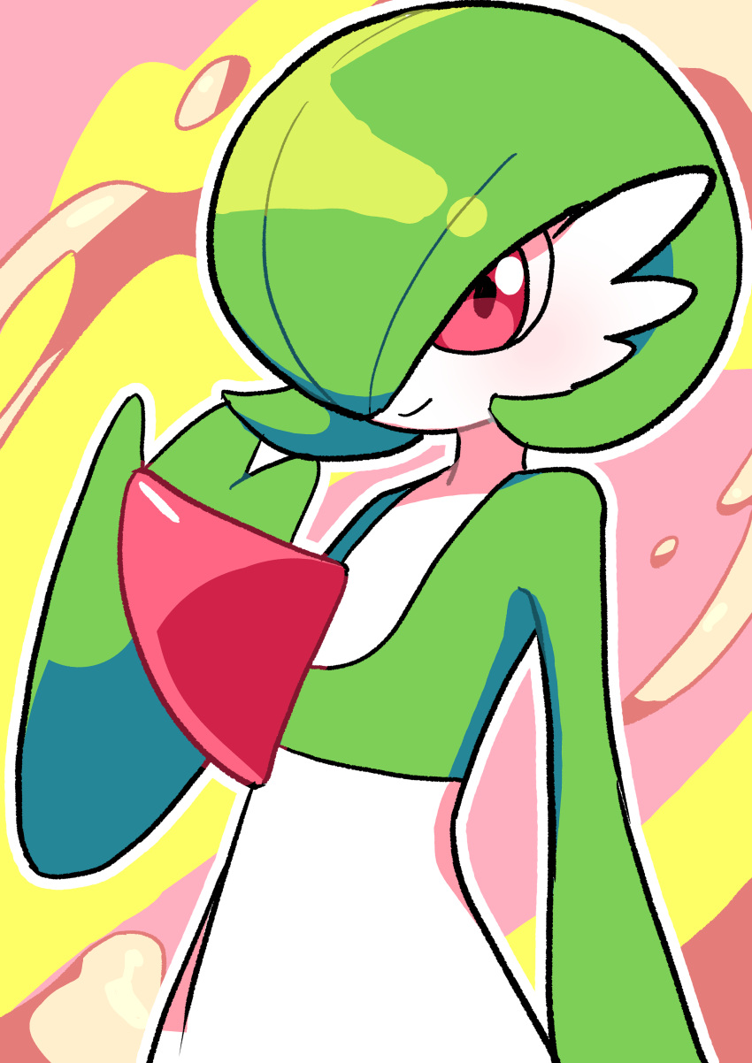 absurdres, bangs, closed_mouth, colored_skin, commentary_request, flipped_hair, gardevoir, green_hair