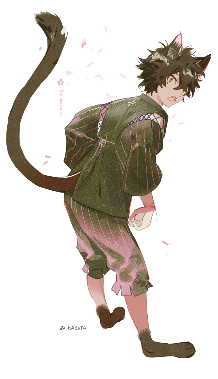 1boy, animal_ears, animal_feet, bangs, barefoot, black_hair, cat_boy, cat_ears, cat_tail, from_behind, from_side, full_body, green_pants, highres, japanese_clothes, leaning_forward, male_focus, open_mouth, original, pants, petals, pink_eyes, sakekasu_(lofter), short_hair, simple_background, solo, standing, string, tail, white_background