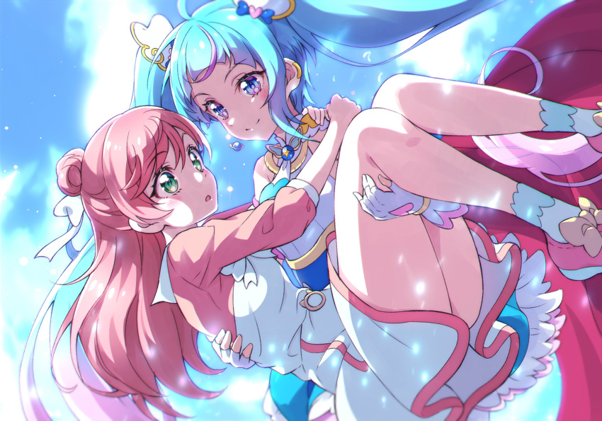 2girls, ahoge, blue_eyes, blue_hair, brooch, cape, carrying, commentary