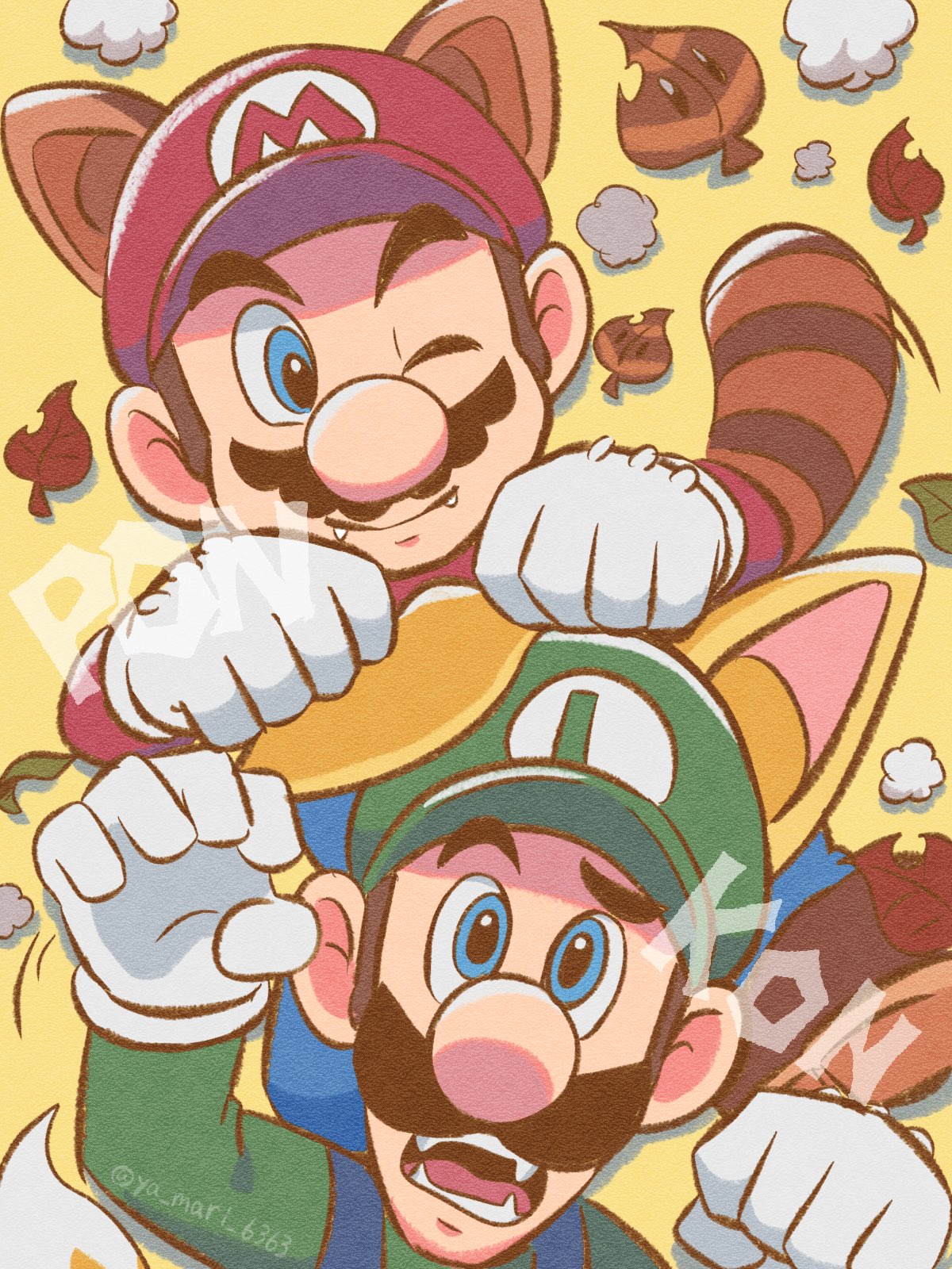 2boys, animal_ears, blue_eyes, facial_hair, fangs, fox_ears, fox_tail, gloves, green_headwear, green_shirt, hat, highres, kitsune_luigi, luigi, mario, multiple_boys, mustache, one_eye_closed, open_mouth, raccoon_ears, raccoon_tail, red_headwear, red_shirt, shirt, simple_background, sound_effects, super_leaf, super_leaf_(transformation), super_mario_bros., tail, tanuki_mario, teeth, white_gloves, ya_mari_6363