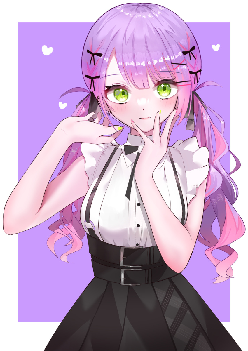 1girl, bangs, belt, black_belt, black_bow, black_bowtie, black_ribbon, black_skirt, blunt_bangs, blush, border, bow, bowtie, collared_shirt, ear_piercing, earrings, green_eyes, green_nails, hair_ornament, hair_ribbon, hairclip, hand_on_own_face, hands_up, heart, heart_earrings, highres, hololive, jewelry, kyaneton, long_hair, looking_at_viewer, o-ring, piercing, pleated_skirt, purple_background, purple_hair, ribbon, shirt, simple_background, skirt, sleeveless, sleeveless_shirt, solo, suspender_skirt, suspenders, tokoyami_towa, twintails, upper_body, virtual_youtuber, white_border, white_shirt, x_hair_ornament