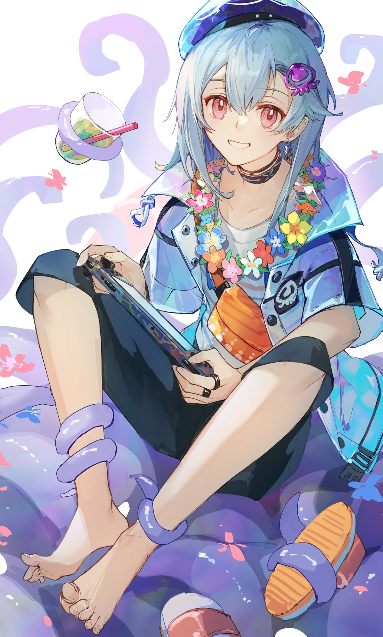 1boy, arknights, blonde_hair, blue_headwear, cup, drinking_glass, drinking_straw, highres