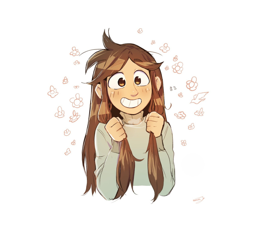 1girl, bird, blush, brown_eyes, brown_hair, flower, green_sweater, grin, highres, holding, holding_hair, korean_commentary, libby_stein-torres, long_hair, looking_at_viewer, messy_hair, quiroring, sidelocks, signature, simple_background, smile, solo, sweater, the_ghost_and_molly_mcgee, turtleneck, turtleneck_sweater, upper_body, white_background