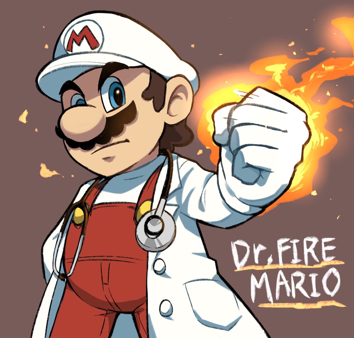 1boy, blue_eyes, brown_background, brown_hair, dr._fire_mario, dr._mario, dr._mario_(game), english_text, facial_hair, fire, fire_mario, gloves, hat, looking_at_viewer, mario, mustache, overalls, red_overalls, shirt, simple_background, stethoscope, super_mario_bros., white_gloves, white_headwear, white_shirt, ya_mari_6363