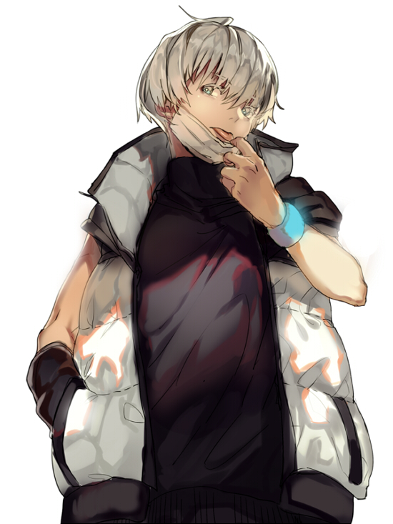 1boy, :p, bangs, black_shirt, green_eyes, grey_hair, hand_in_pocket, jacket