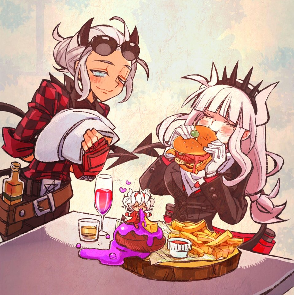 3girls, :3, alcohol, arm_behind_back, bangs, beelzebub_(helltaker), belt, belt_buckle, black_belt, black_hairband, black_jacket, black_necktie, black_pants, black_suit, black_tail, blind, blue_eyes, blunt_bangs, blush, bottle, breasts, buckle, burger, buttons, chair, checkered_clothes, checkered_shirt, closed_eyes, closed_mouth, collared_shirt, cup, daredevi, demon_horns, demon_tail, drinking_glass, eating, eyewear_on_head, food, food_on_clothes, fork, formal, freckles, french_fries, glass_bottle, gloves, hair_between_eyes, hair_bun, hair_ornament, hairband, half-closed_eyes, hamburger_steak, hand_on_own_chest, hat, hat_on_chest, heart, heart_bubbles, helltaker, holding, holding_clothes, holding_food, holding_fork, holding_hat, holding_knife, horns, jacket, justice_(helltaker), ketchup, knife, lapels, large_breasts, leather_belt, long_hair, low-tied_long_hair, lucifer_(helltaker), multiple_girls, napkin, neckerchief, necktie, olive, on_chair, pants, pentagram, puffy_cheeks, red_gloves, red_pants, red_shirt, red_suit, red_wine, saliva_pool, shirt, short_hair, shot_glass, sidelocks, single_hair_bun, sitting, sleeves_rolled_up, smile, spiked_hairband, spikes, standing, suit, suit_jacket, sunglasses, table, tail, toothpick, tray, wavy_hair, whiskey, white_gloves, white_hair, white_headwear, white_horns, wine_glass, wooden_tray