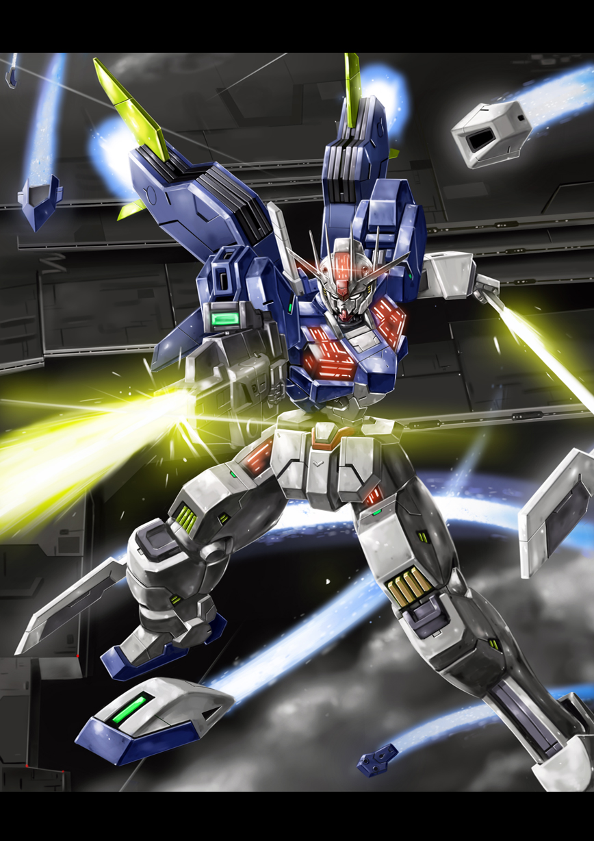 asaba_naoto, battle, beam_rifle, beam_saber, bit_(gundam), commentary, energy_gun, energy_sword